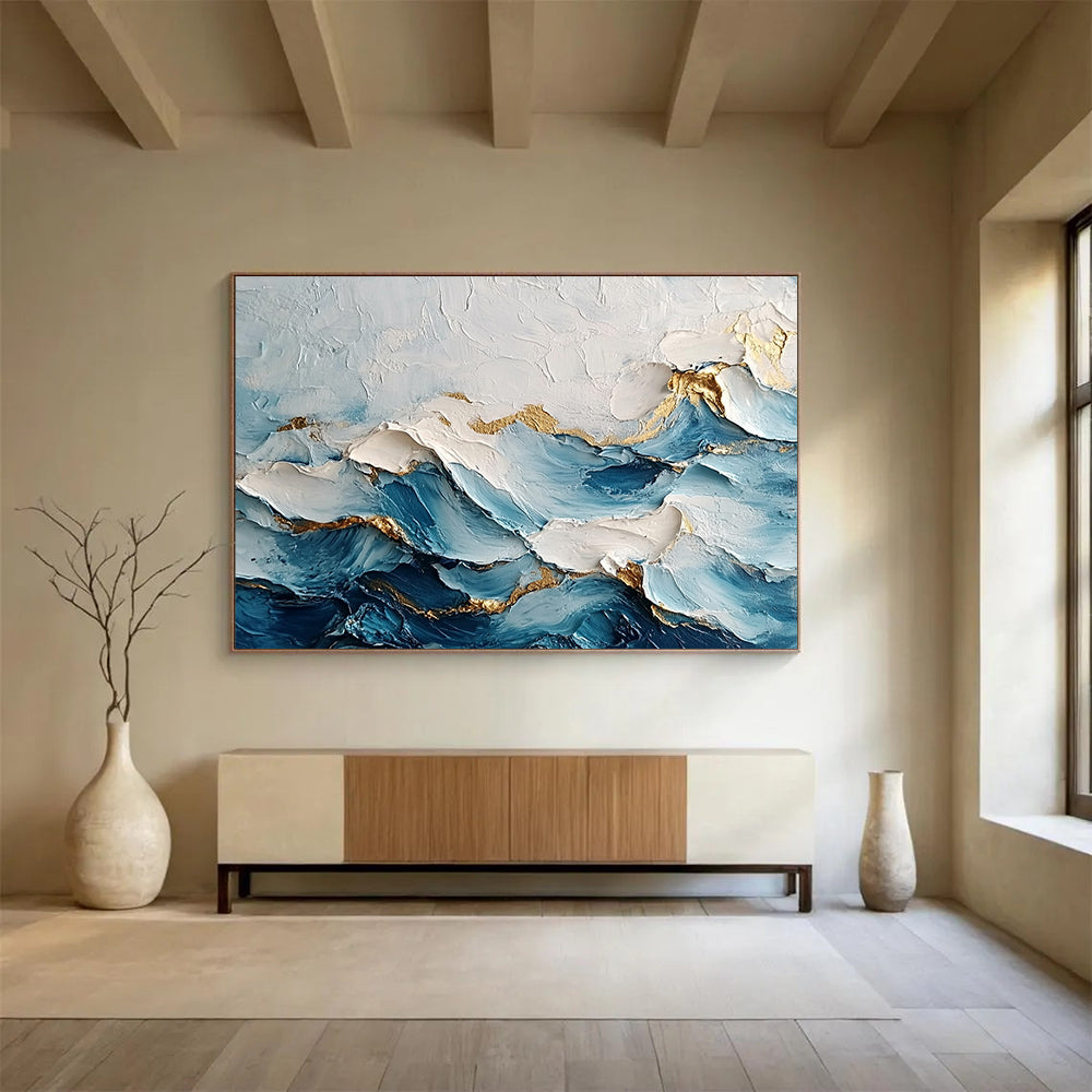 “Golden - Edged Blue Waves” - Blue, White, Gold, Textured Wave - like Abstract Painting On Canvas HB0976
