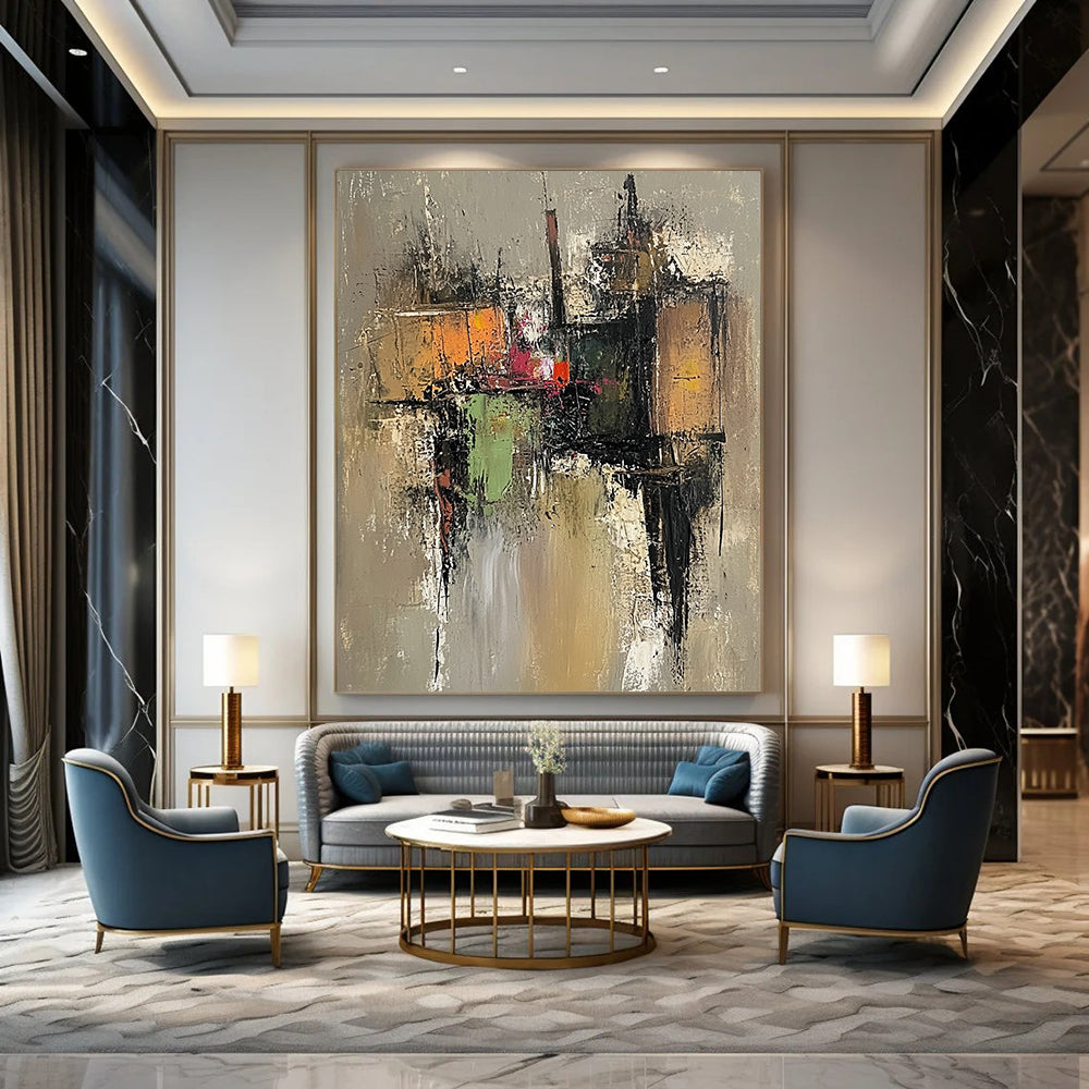 Large contemporary hand-painted abstract artwork featuring an old village with muted colors and visible brushstrokes on a grayish-brown background. DLZ0960