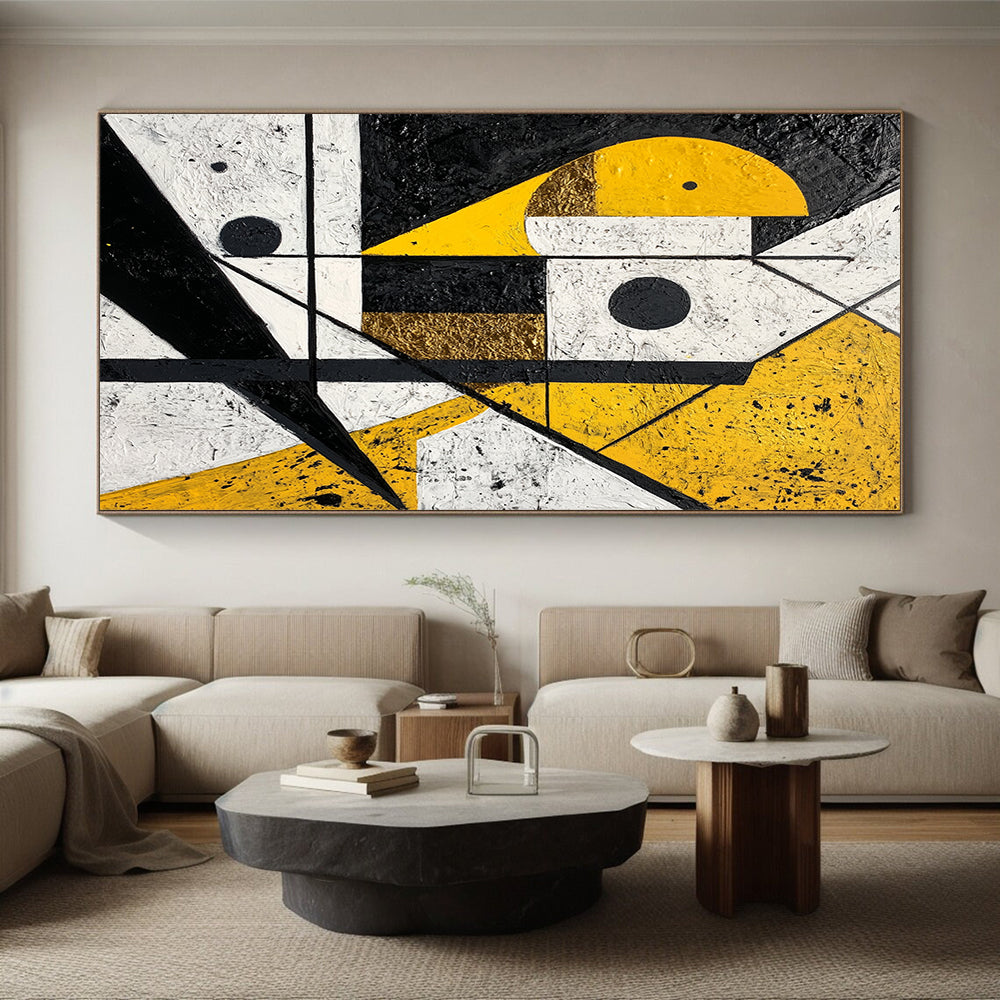 Black, White, Gold and Yellow Geometric Mosaic "Sunny Geometry" Painting On Canvas HB339