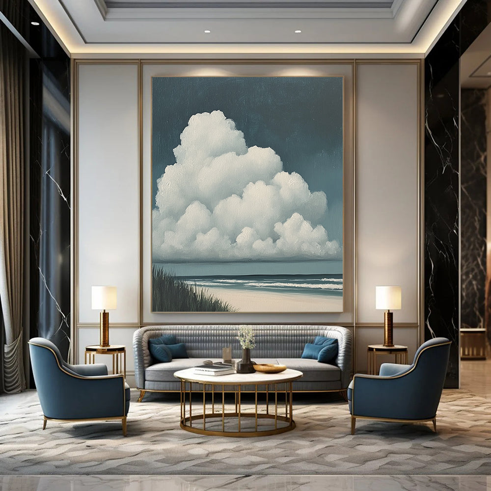 Contemporary hand-painted abstract art featuring clouds on the beach with large white clouds and a dark blue sky in muted colors. DLZ1679