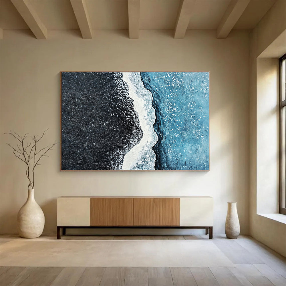 Black Beach with White Foam and Blue Sea - Coastal Abstract Painting On Canvas HB0486