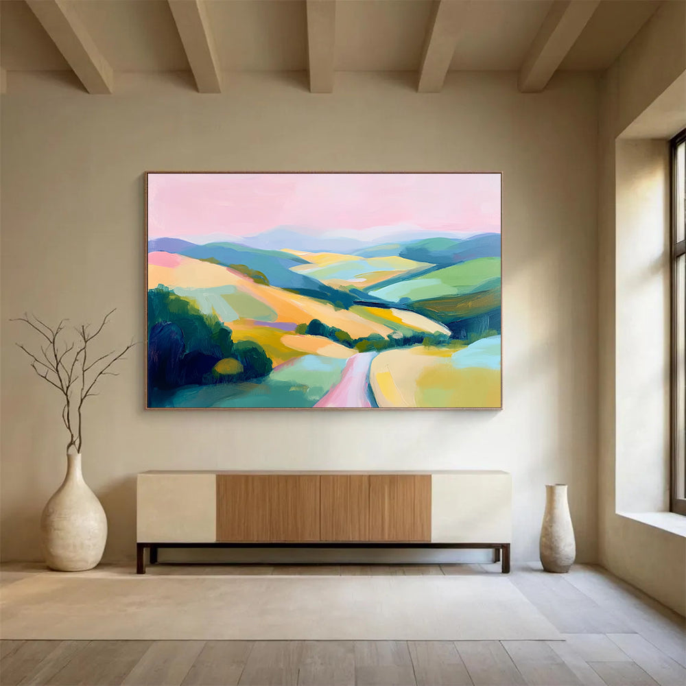 Pink, Blue, Green, Yellow and Purple Colorful Valley "Vibrant Vista" Painting On Canvas HB0673