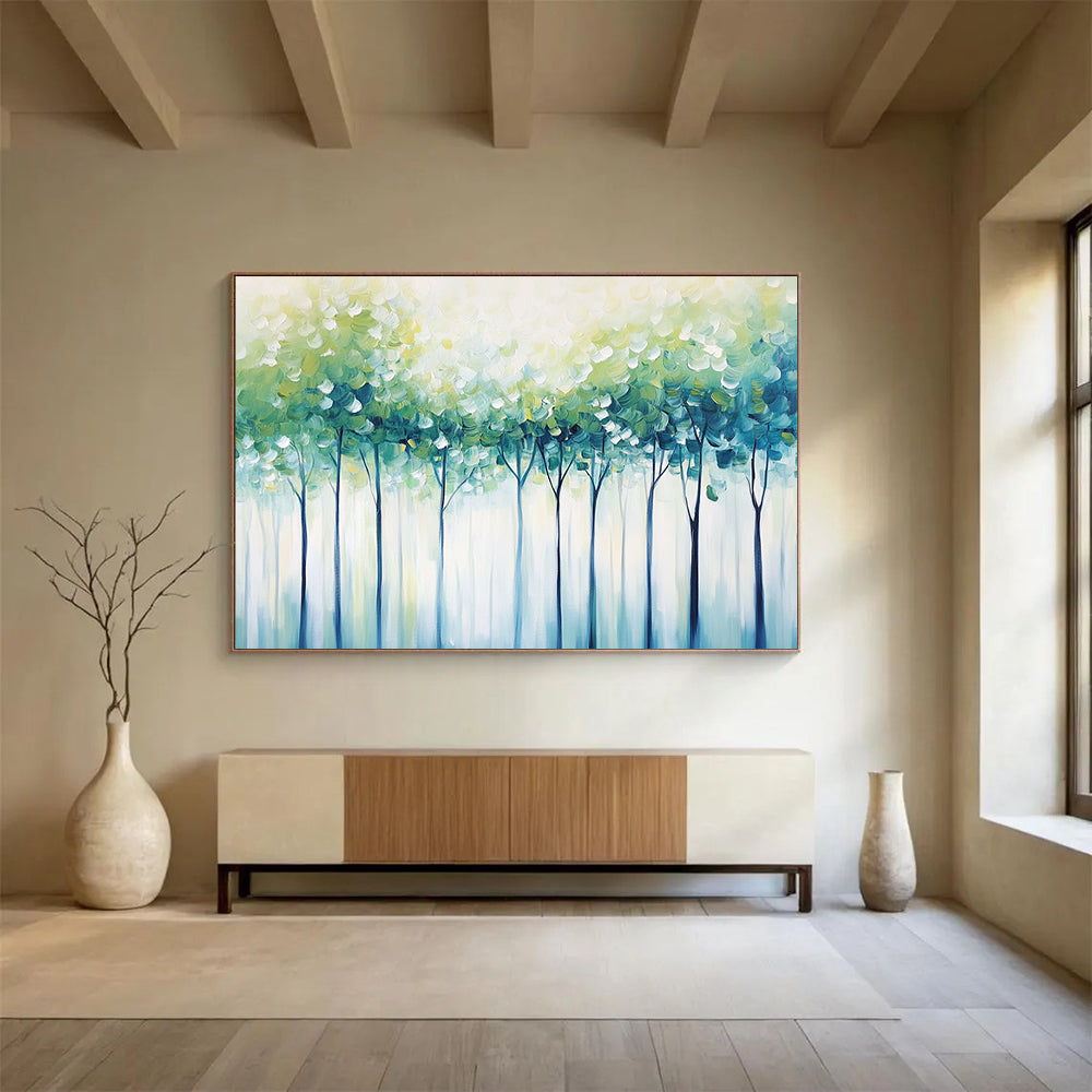 “Soft Green Tree Canopy” - Green, Blue, Dreamy Tree Landscape Painting On Canvas HB0882