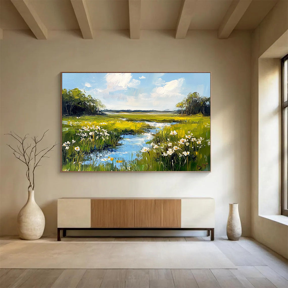 Green Meadow with Stream and White Flowers - Impressionistic Landscape Painting On Canvas HB0446