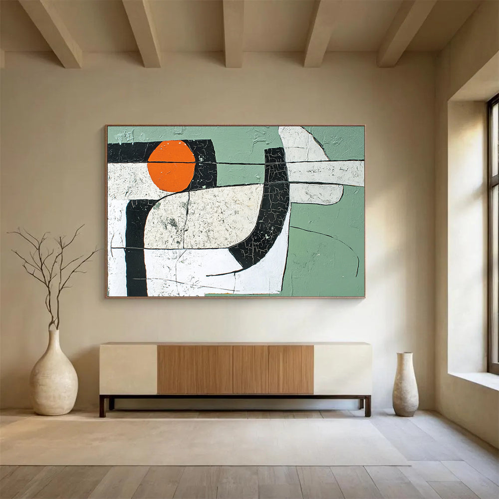 “Crackled Abstract Forms” - Green, orange, cracked shapes, Abstract Painting On Canvas HB0562