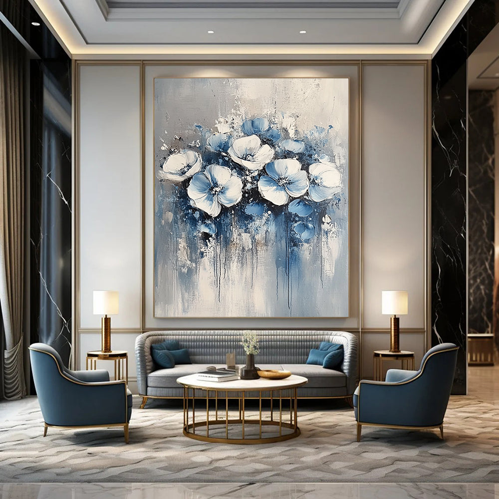 Contemporary abstract painting featuring delicate blue and white floral motifs against a soft grey background, perfect for modern decor. DLZ0349