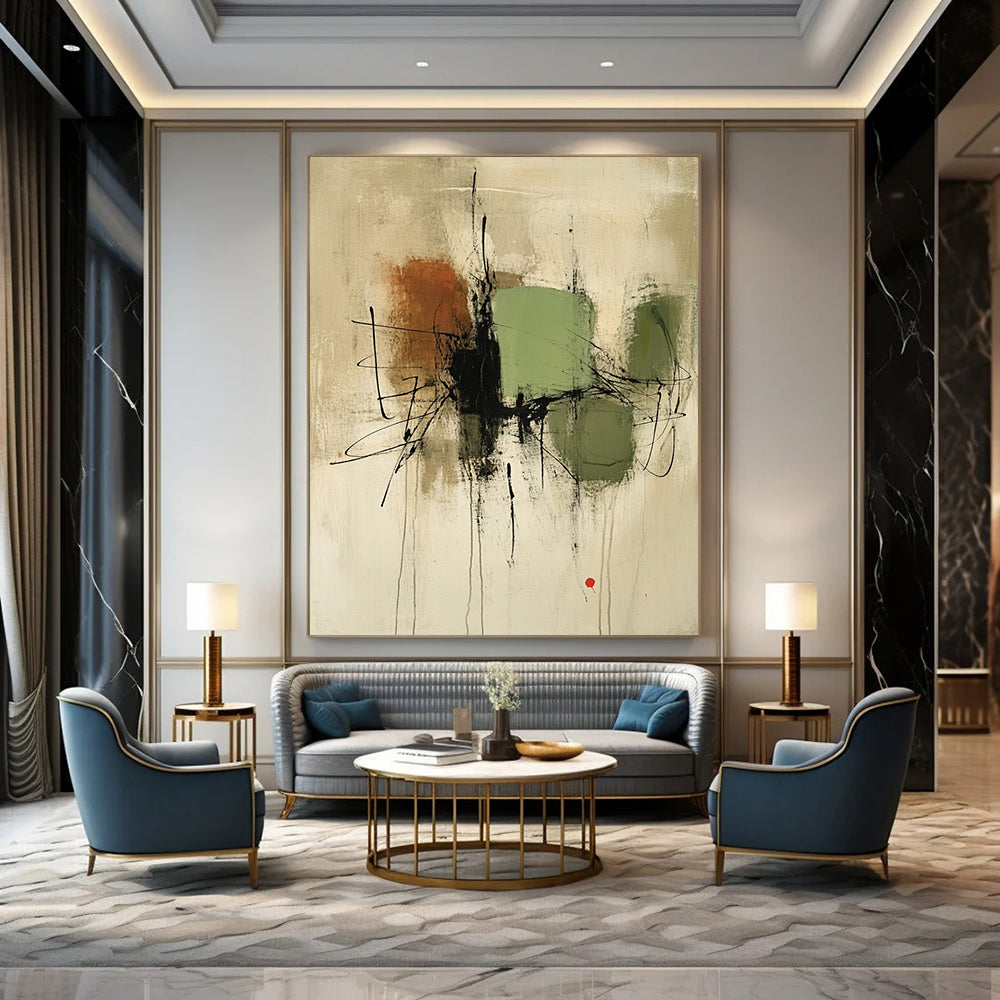 Large contemporary hand-painted abstract artwork featuring green and brown shapes on a beige background with black lines and a small red accent. DLZ1333