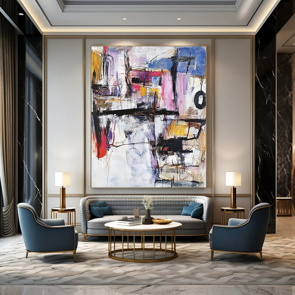 Contemporary abstract painting featuring vibrant shapes and textures in diverse colors, created with thick brush strokes and palette knife techniques in oil. DLZ0588