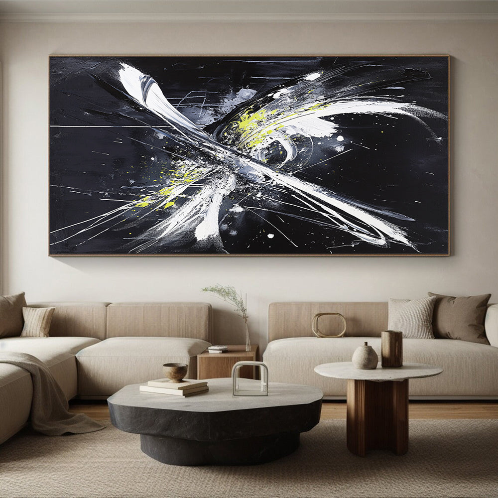 Black, White, Gray, Yellow, Explosive Strokes "Energetic Burst" Abstract Expressionist Painting On Canvas HB067