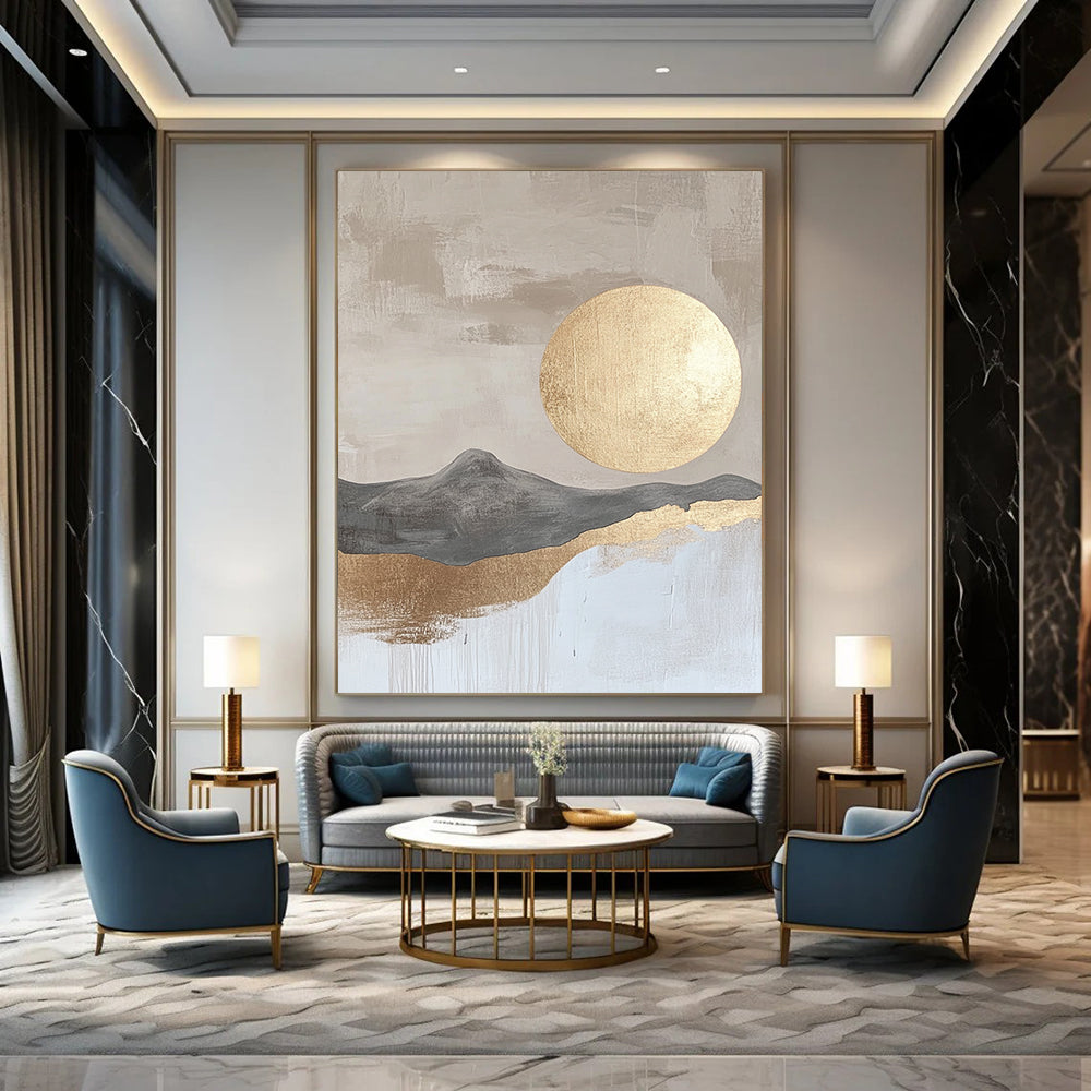 Contemporary hand-painted abstract art featuring a beige and gray landscape with a golden moon on textured paper surface in neutral colors. DLZ0284