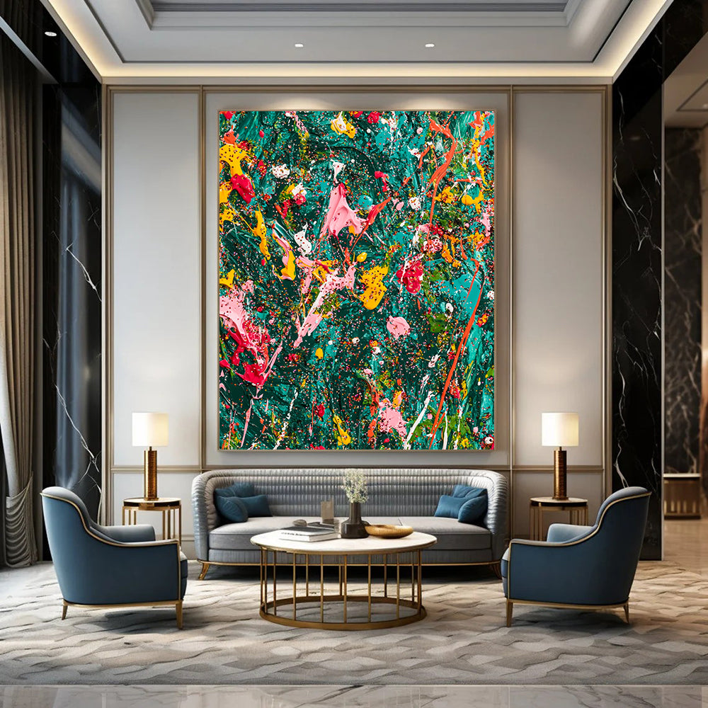 Vibrant abstract expressionist painting on teal canvas showcasing chaotic splattered paint and glitter with rich colors and dynamic brushwork in a jungle-green background. DLZ1178