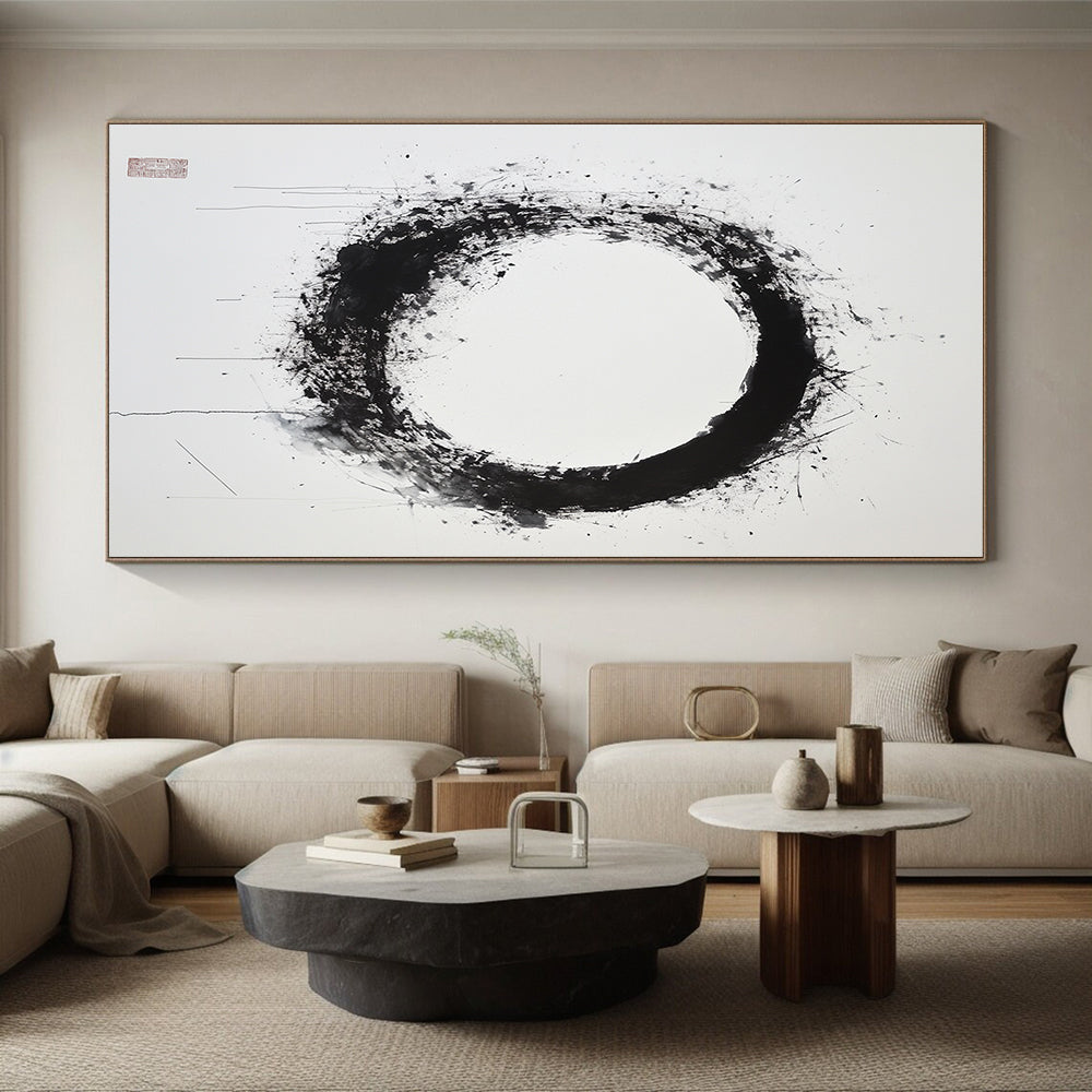 Black & Gray Splattered Circular Ink - “Subtle Enso Depth” Painting On Canvas HB248