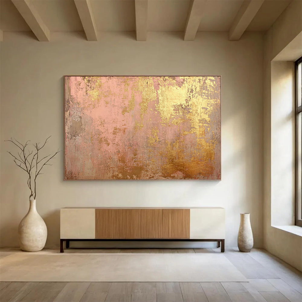 Pink & Gold Textured Background - Shabby - Chic Abstract Oil Painting On Canvas HB0481