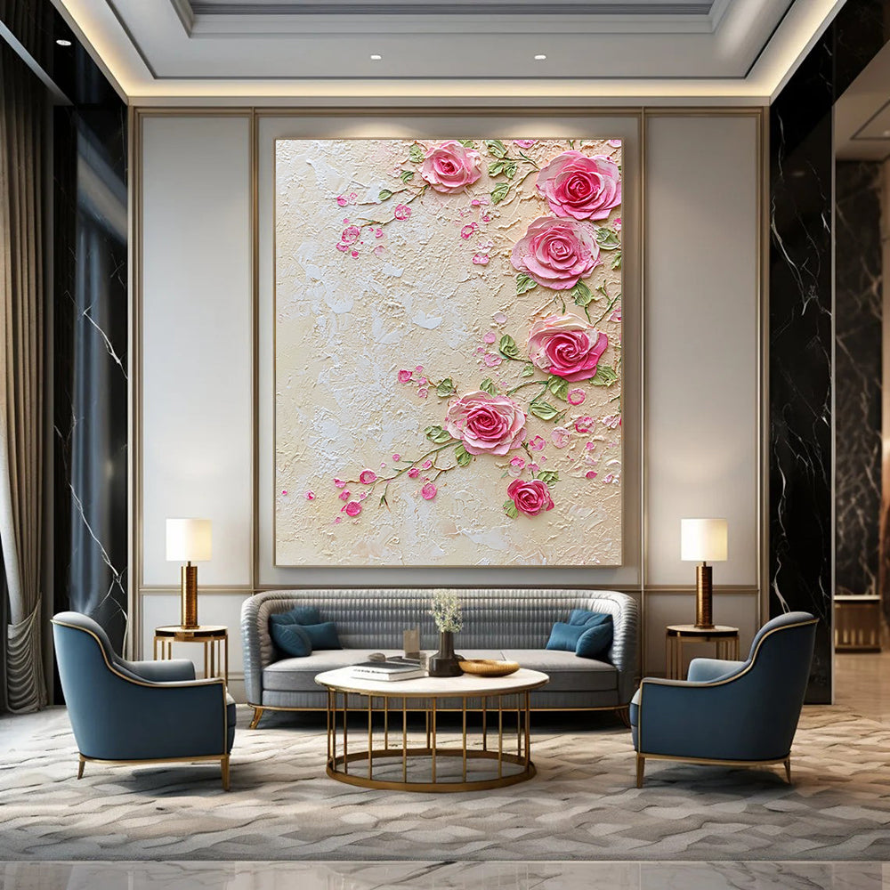 Contemporary handcrafted abstract art features delicate pink lace and roses with an elegant beige background of small flowers and greenery, exuding refined charm and sophistication. DLZ1247