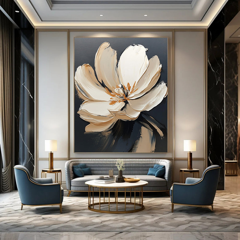 Contemporary abstract painting featuring a large white flower with gold accents on a dark gray background showcasing visible brush strokes. DLZ0603