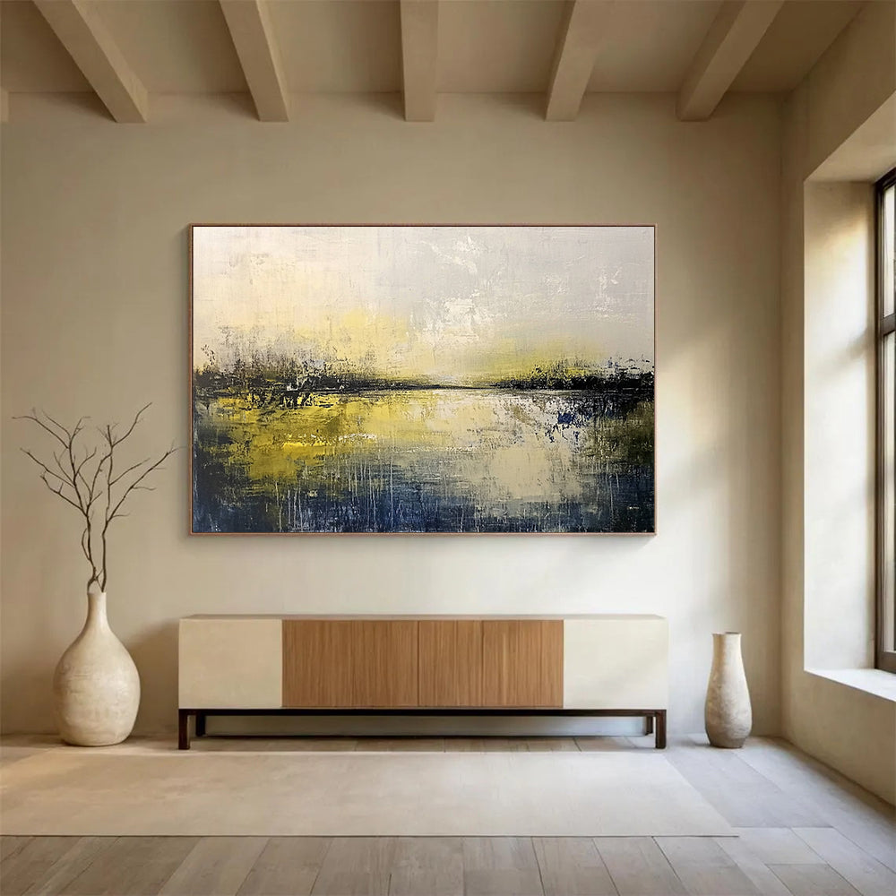 “Misty Yellow Lake” - Yellow, Gray, Hazy Sky and Reflective Water Painting On Canvas HB0939