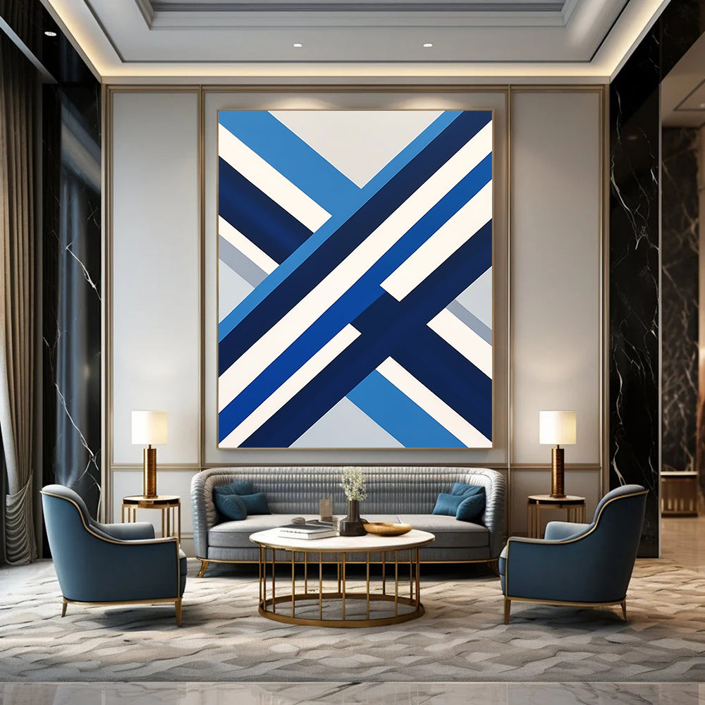 Contemporary abstract art featuring a blue and white Swedish flag in a flat view, inspired by David Hockney's style. DLZ1152