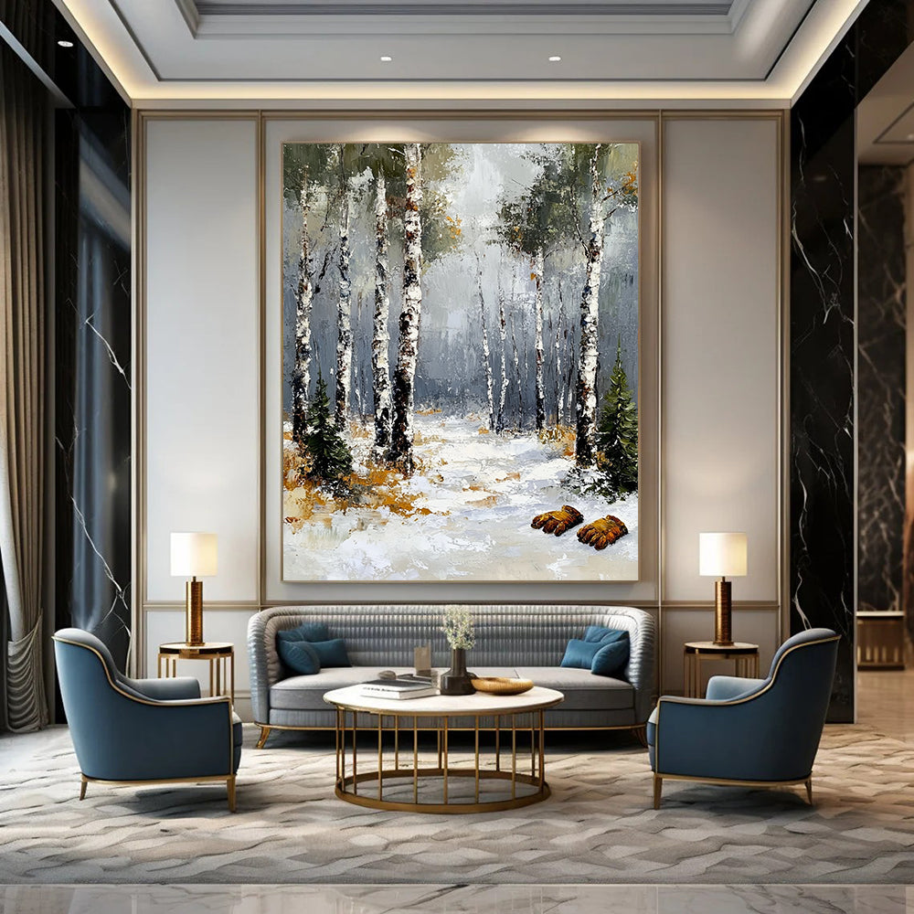 Contemporary abstract art featuring a winter birch forest with a grey sky textured brush strokes and fuzzy gloves in the foreground. DLZ1678
