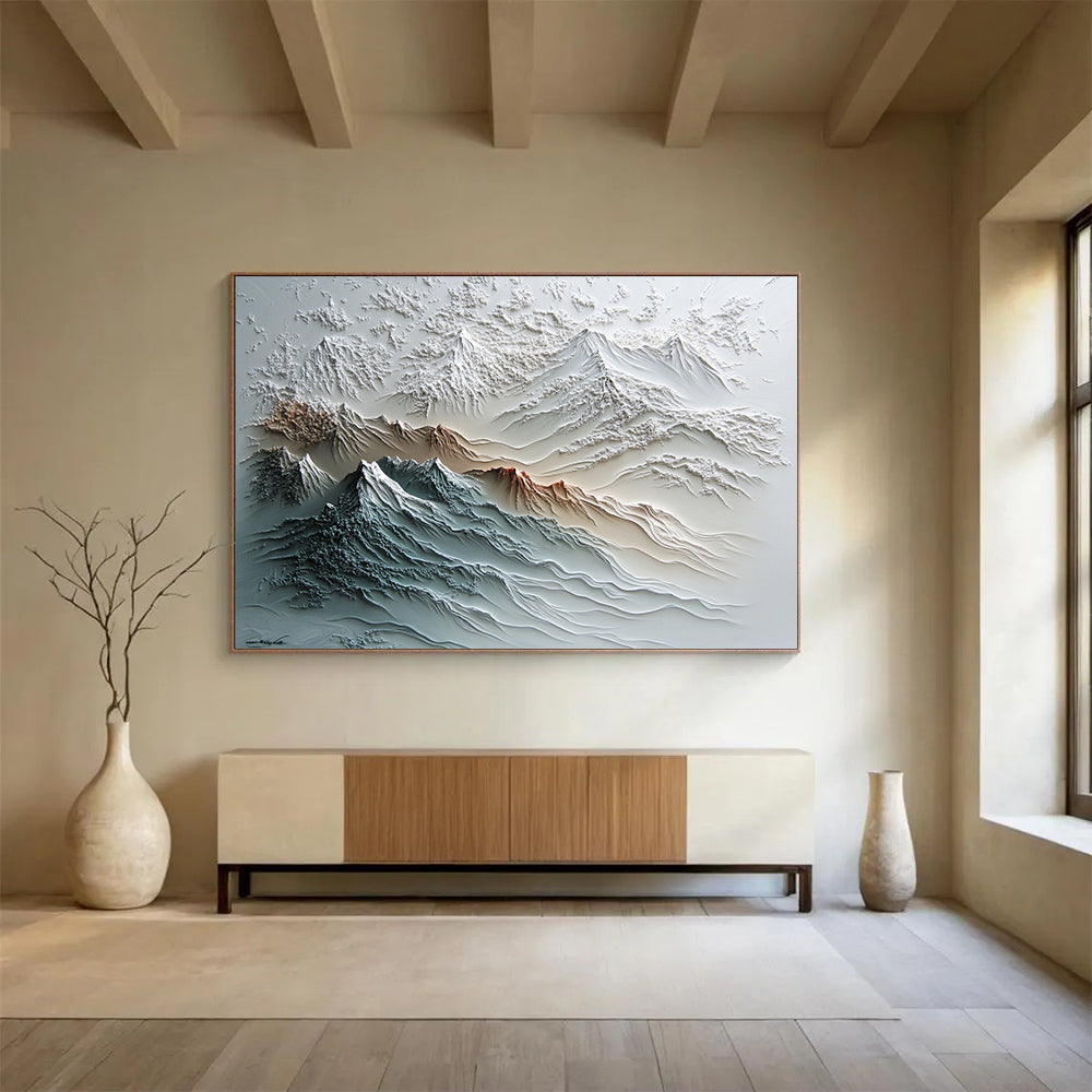 White, Gray, Brown and Blue Textured Mountain "Sculpted Peaks" Painting On Canvas HB0667