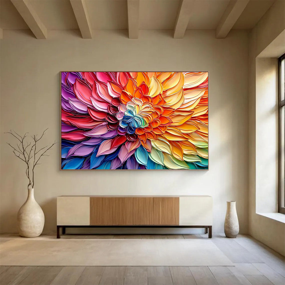 “Textured Rainbow Flower” - Multicolor, Textured Flower Painting On Canvas HB0745