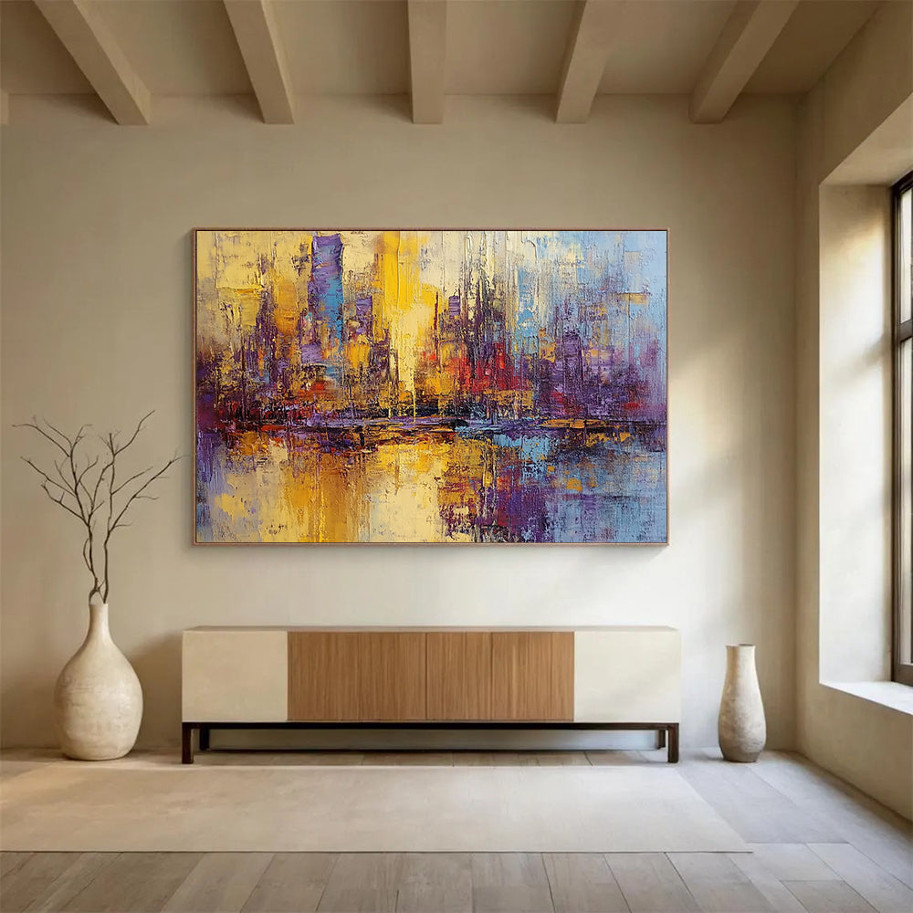 “Colorful City Reflection” - Yellow, Purple, Blue, Abstract Cityscape Reflection Painting On Canvas HB0986