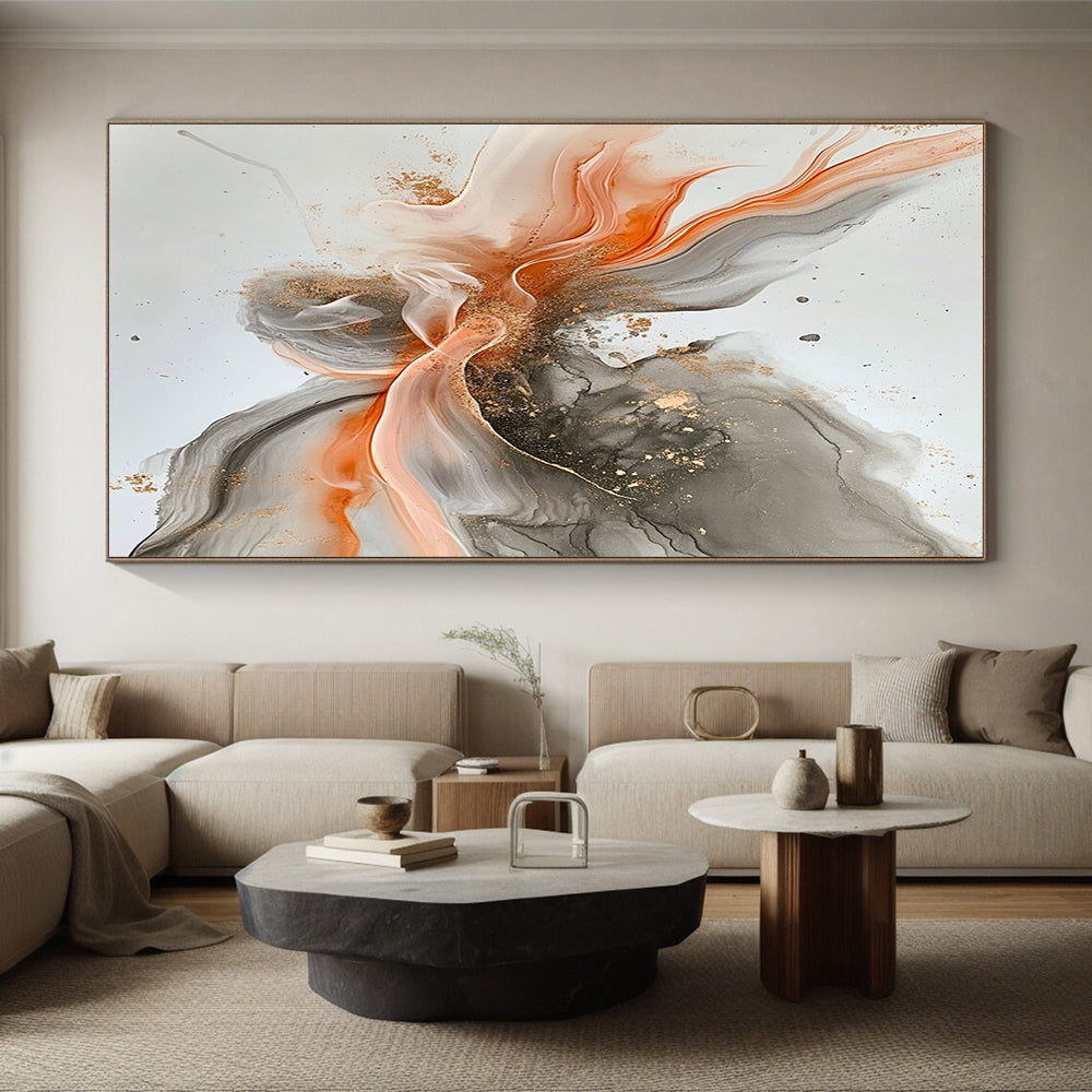 Gray, Orange, Gold, Flowing Shapes "Fiery Grace" Abstract Painting On Canvas HB034