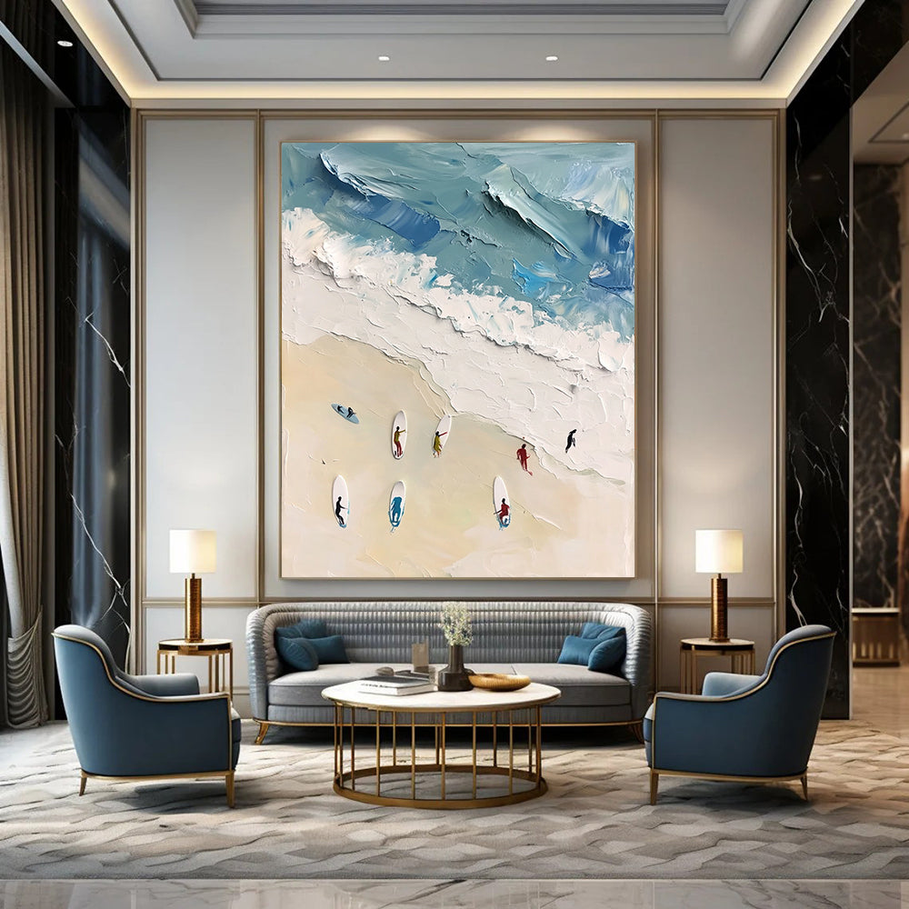 Large contemporary abstract artwork featuring vibrant acrylic colors capturing surfers in motion against a white sand beach backdrop in soft blues and greens. DLZ0842