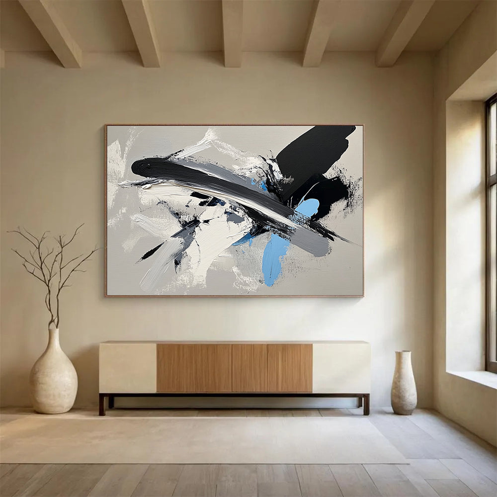 “Dynamic Black - Gray - Blue Brushstrokes” - Black, Gray, Blue, White, Energetic Strokes Painting On Canvas HB0811