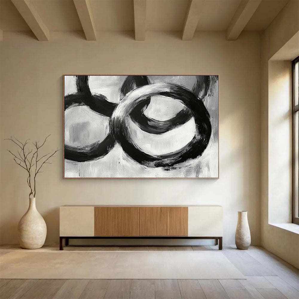“Interlocking Black Rings” - Blacks, Whites, Grays, Abstract Circular Forms - Acrylic Painting HB1622