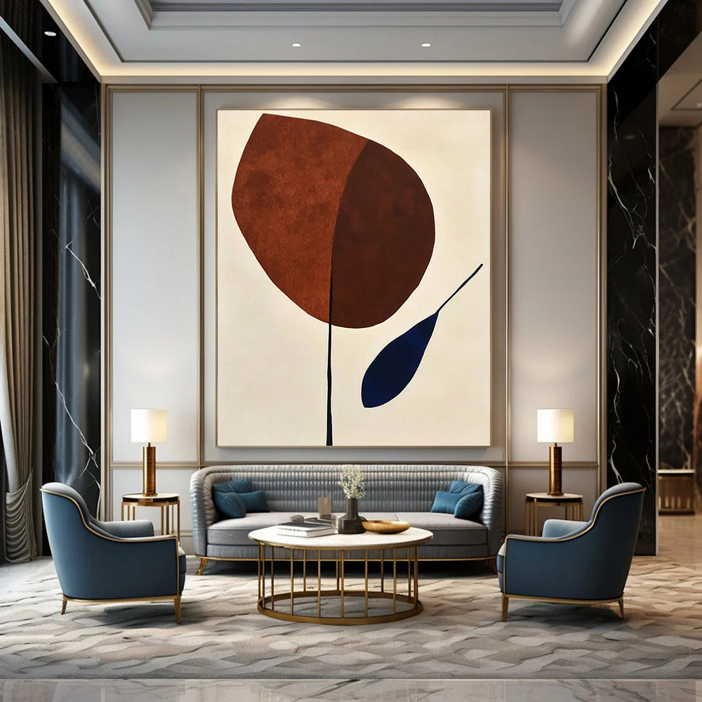 Contemporary abstract painting featuring organic shapes in brown and blue on a minimalist white background, evoking mid-century artistic style. DLZ1309