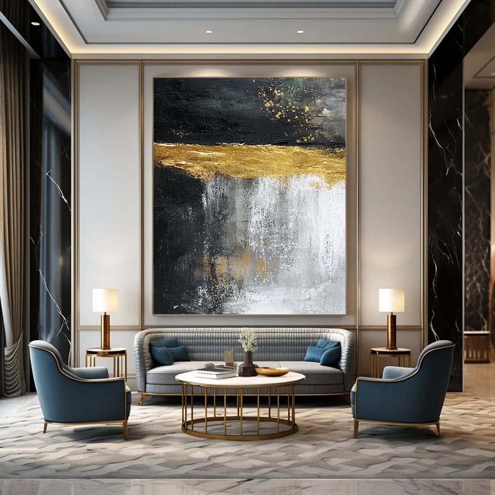 Contemporary hand-painted abstract artwork featuring cascading water, vibrant light yellow glaze, and dark rock contrasts, evoking natural beauty in dynamic movement. DLZ1208
