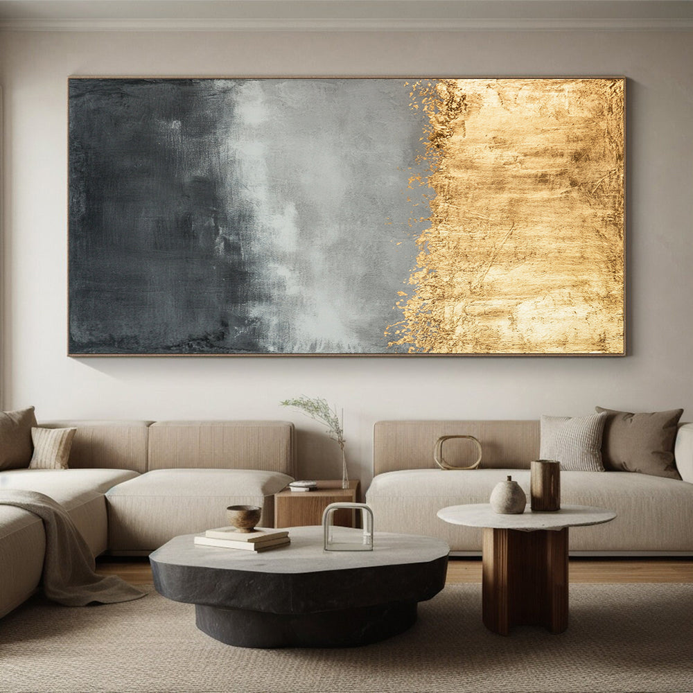 Gold, Gray & White Textured Layers - “Gilded Dawn Mist” Painting On Canvas HB193