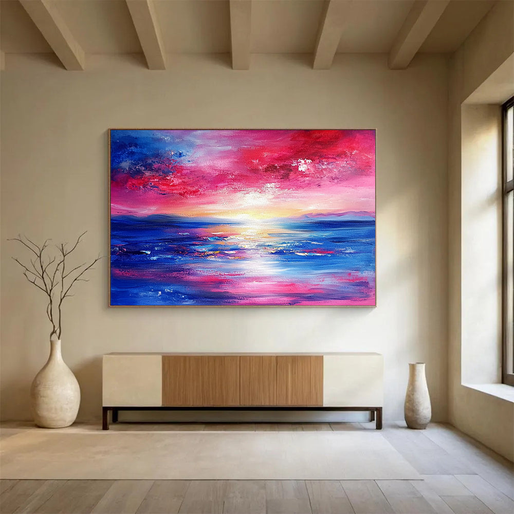 “Vibrant Sunset Seascape” - Pink, red, blue, yellow; Abstract sunset sea; Expressive Oil Painting On Canvas HB1193