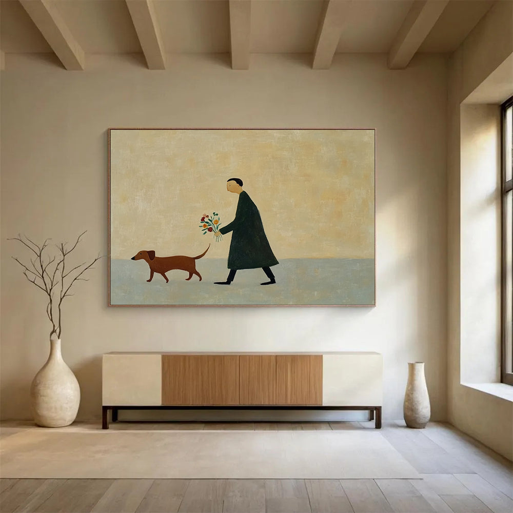 “Man Walking Dog with Flowers” - Simple figures, muted colors, peaceful scene, Minimalist Narrative Painting On Canvas HB0603