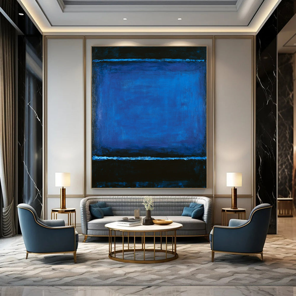 Contemporary hand-painted abstract artwork featuring deep blue and black hues inviting emotional reflection and creating an atmospheric meditative experience. DLZ1593
