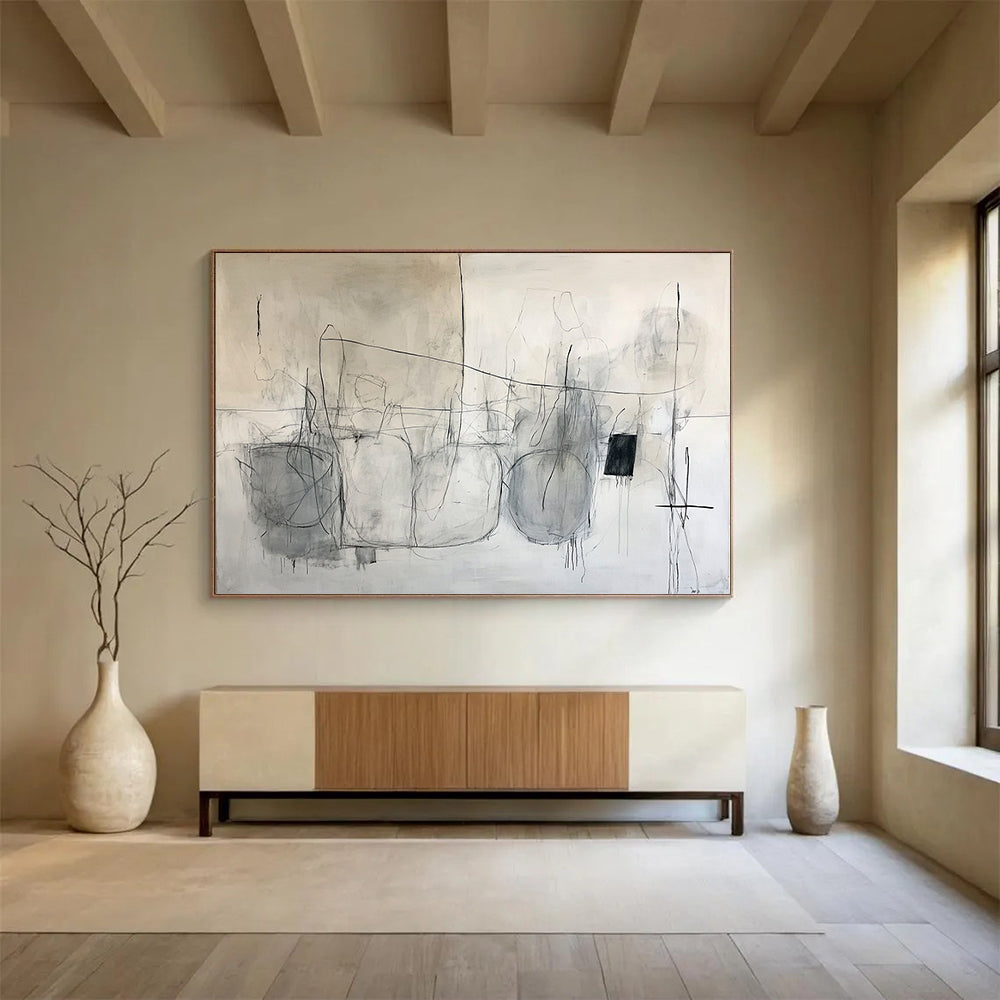 “Minimalist Sketches” - Gray, Black, White, Abstract Line Drawings Painting On Canvas HB1041