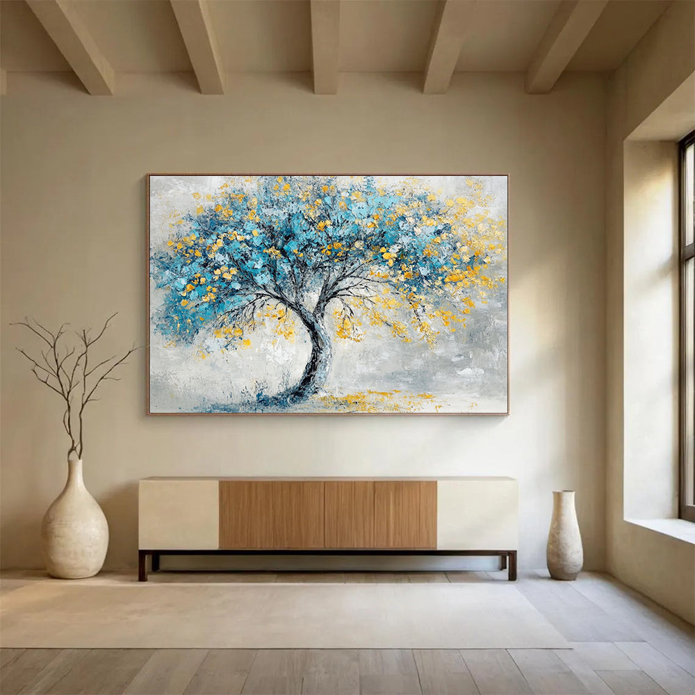 “Blue - Yellow Tree” - Gray background, blue foliage, yellow blossoms, Textured Tree Painting On Canvas HB0589
