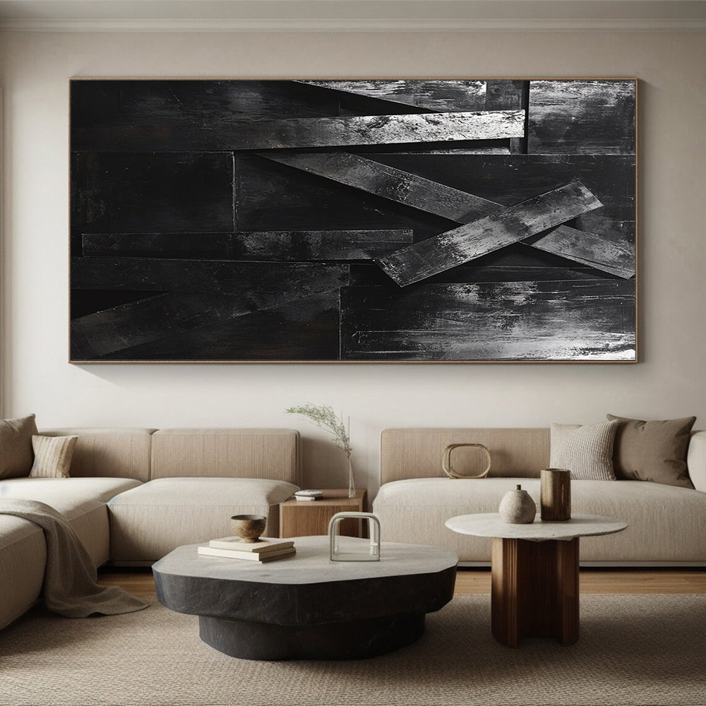Textured Black Geometric Forms "Raw Structure" Painting On Canvas HB294