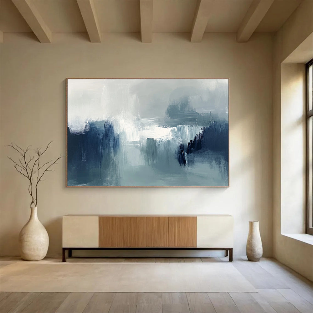 “Muted Tonal Abstract Landscape” - Shades of gray, blue, white; Abstract landscape with soft brushstrokes; Oil Painting On Canvas HB1237
