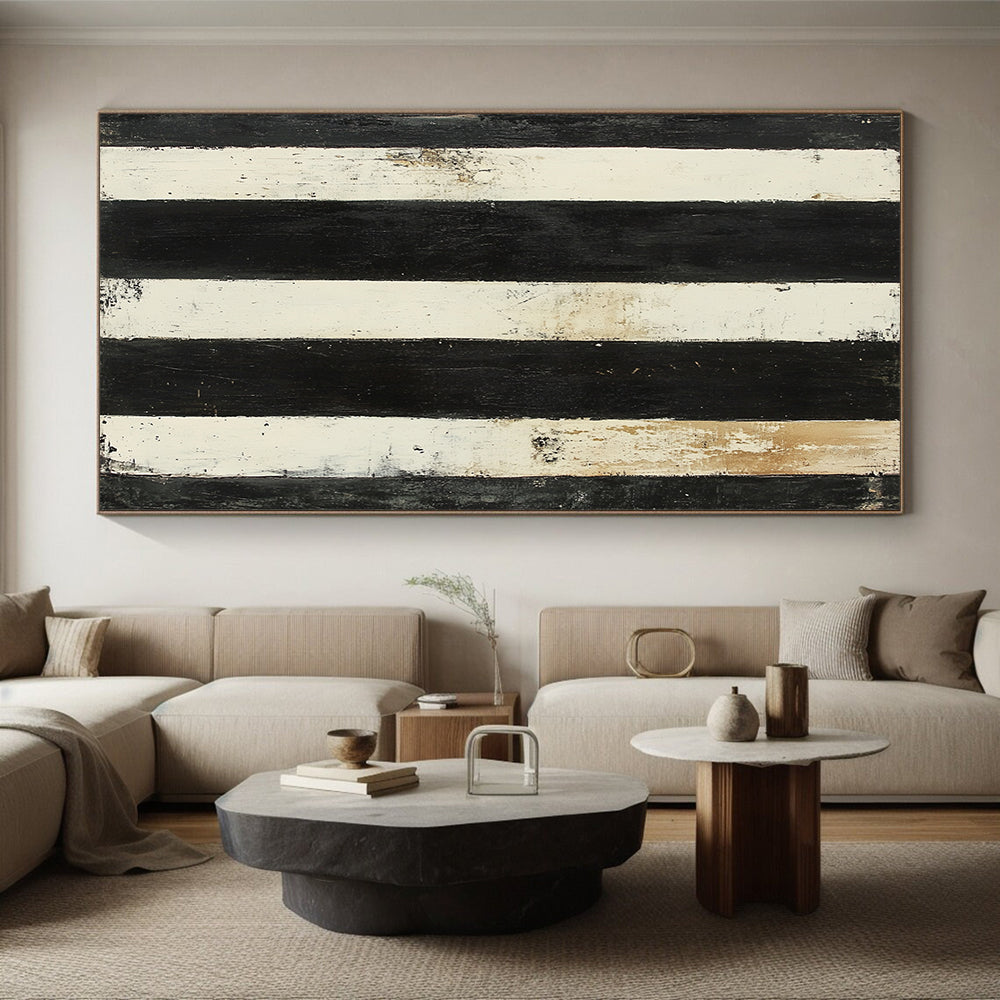 Black, White, Beige, Stripes "Vintage Striped Relic" Abstract Textured Painting On Canvas HB170