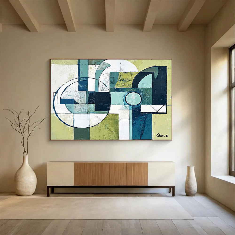 “Geometric Harmony” - Green, Blue, White, Abstract Geometric Shapes Painting On Canvas HB1063