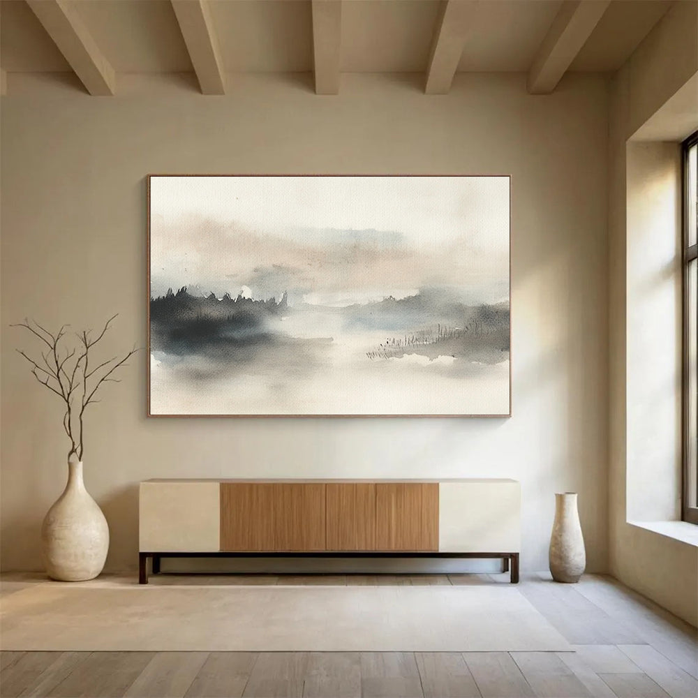“Misty Landscape Watercolor” - Gray, Beige, Misty Landscape Watercolor On Canvas HB0717