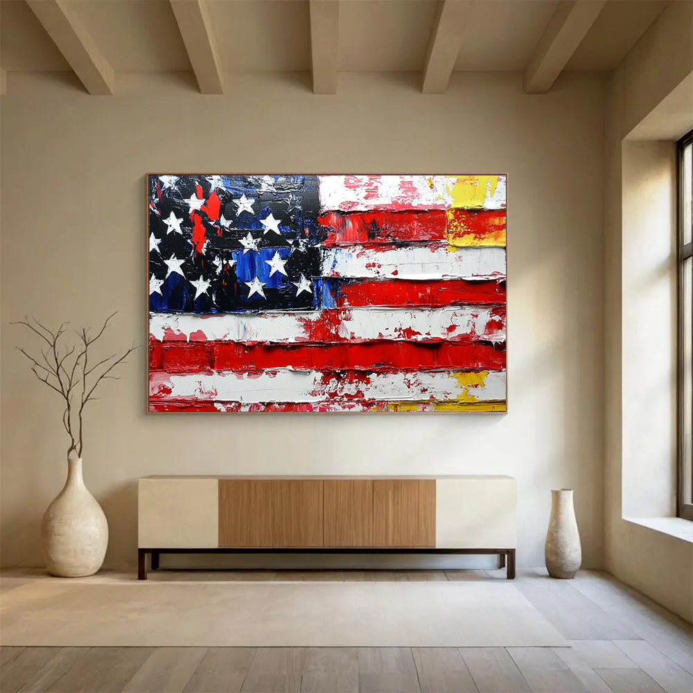“Textured Flag Tribute” - Red, white, blue, yellow; Thick, weathered strokes on an American flag; Palette Knife Oil Painting On Canvas HB1174