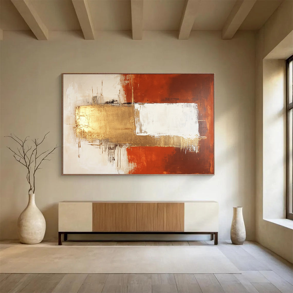 “Elegant Geometric Fusion in Orange, Gold, and White” - Orange, gold, white; Abstract geometric blocks; Acrylic Painting On Canvas HB1226