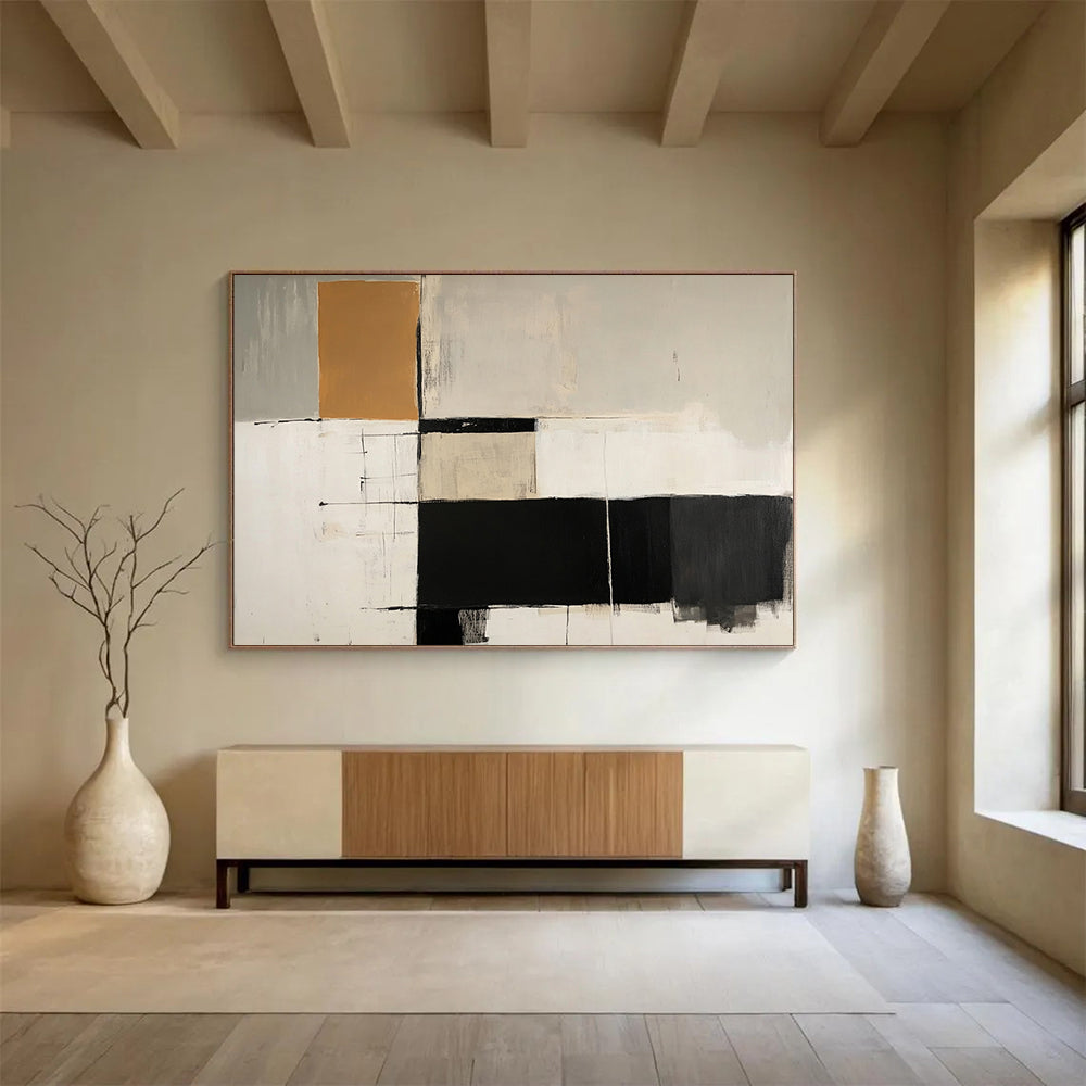 “Neutral Grid Abstract” - Black, White, Brown, Grid - Like Shapes - Modernist Acrylic Painting HB1518