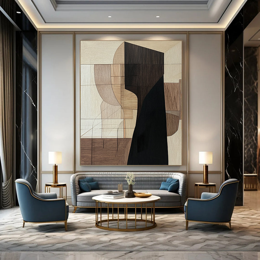 Contemporary hand-painted abstract art featuring a dominant elongated black wooden shape with earthy shades and a mysterious shadowy presence. DLZ0855