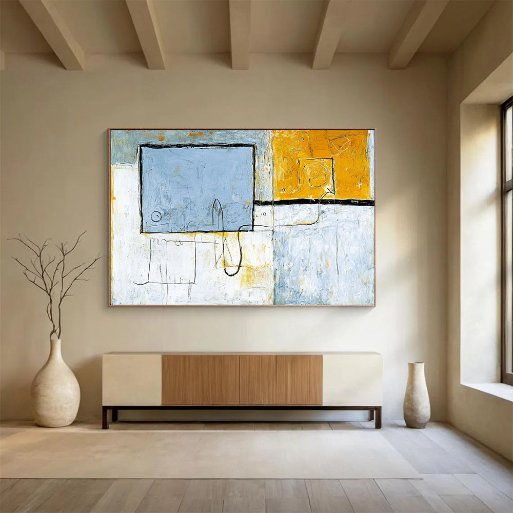 “Geometric Neutral Tones” - Blue, Yellow, Gray, Abstract Shapes - Modernist Acrylic Painting HB1510