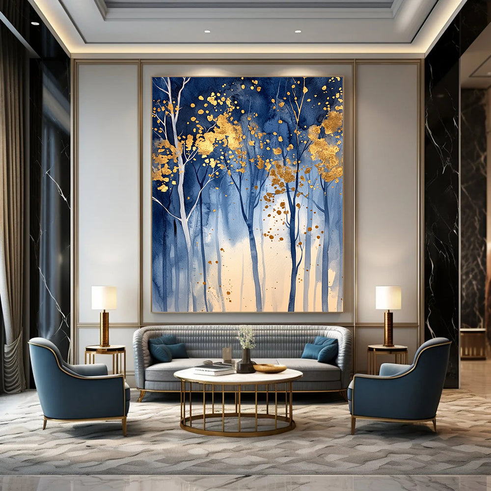 Contemporary hand-painted abstract artwork featuring an enchanted blue forest with golden leaf accents and soft lighting that evokes tranquility and magic. DLZ0326