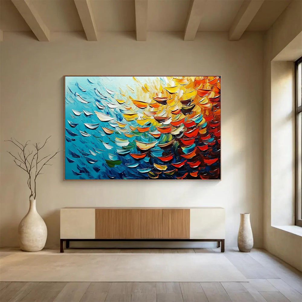 “Textured Ocean Petals” - Blue, yellow, orange, red; Petal - like thick strokes mimic ocean waves; Abstract Impasto Oil Painting On Canvas HB1168