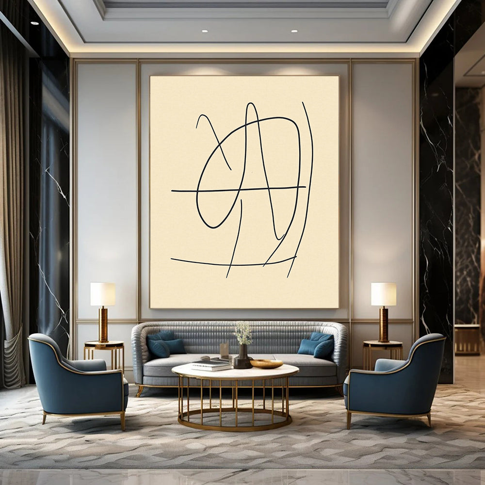 Contemporary abstract art featuring a minimalistic line drawing of the number 4 in black on beige, inspired by Matisse's style. DLZ0422
